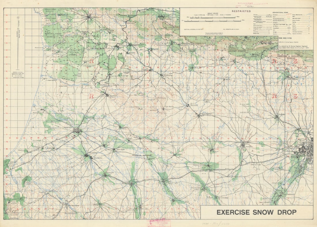 Cyprus—Cold War Airborne Assault Exercise Snowdrop—Restricted—April 1953 map: Exercise Snow Drop'. British military exercise map produced in April 1953, reproduced by 42 Survey Engineer Regiment from GSGS 4242 sheets 3, 4, 7, and 8 under the authority of the Geographical Sectio