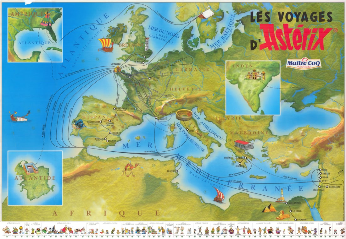 The Adventures of/Les Voyages d'Asterix by Albert Uderzo. Plastic sheet map 2001: Les Voyages d'Asterix [The Adventures of Asterix]. A large colour promotional pictorial map charting the travels of Asterix, Obelix, and their companions across the ancient world, as depicted througho
