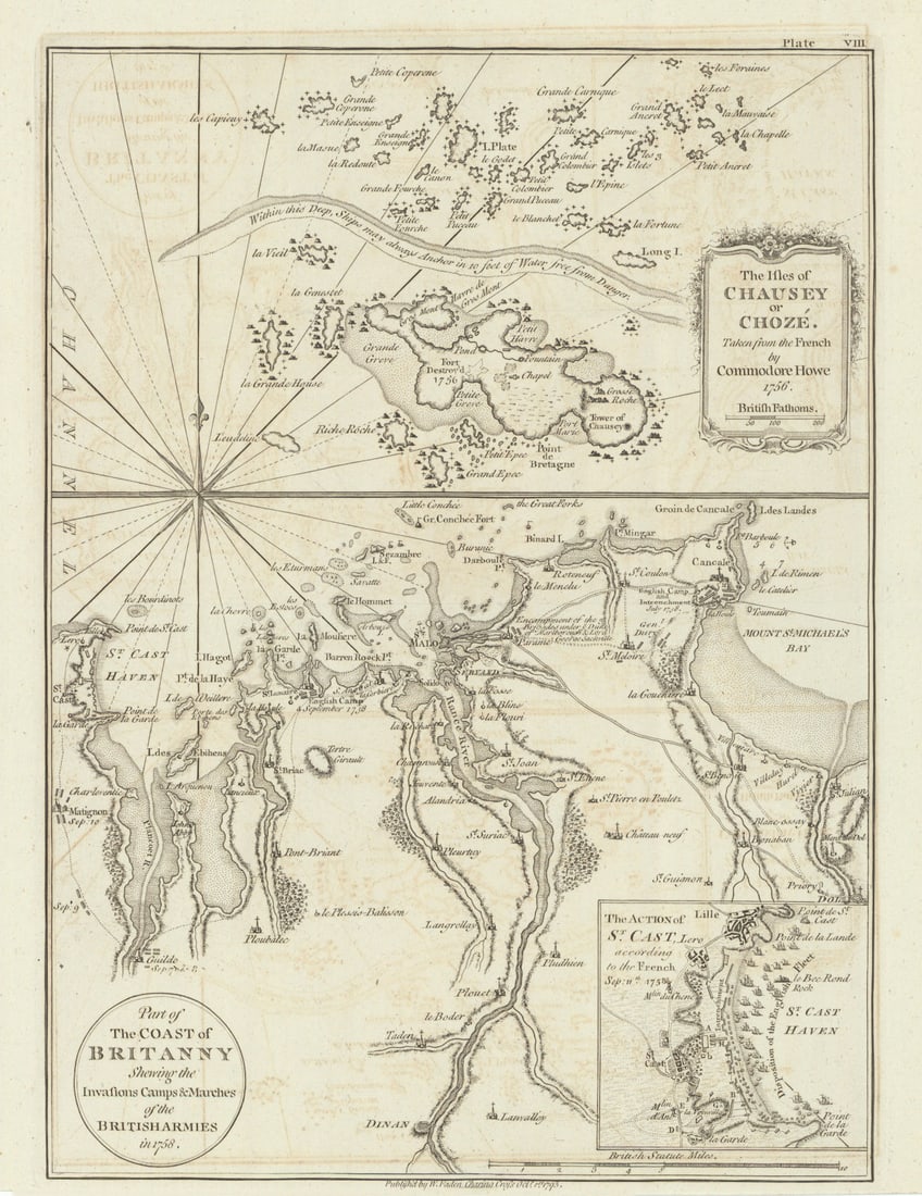 Îles Chausey. Britanny British invasions. Rance river—Saint-Malo. Faden 1793 map: The Isles of Chausey, or Chosé. Taken from the French by Commodore Howe, 1756 // Part of the Coast of Britanny shewing the invasions, camps and marches of the British Armies in 1758'. Originally