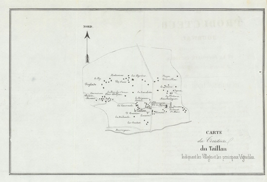 Taillan—Haut-Médoc—Bordeaux vignobles & wine chateaux map 1839 old antique: Carte du Territoire du Taillan, indiquant les villages et les principaux vignobles'. A mid-19th-century Bordeaux wine map belonging to the proto-classification period, preceding the formal 1855