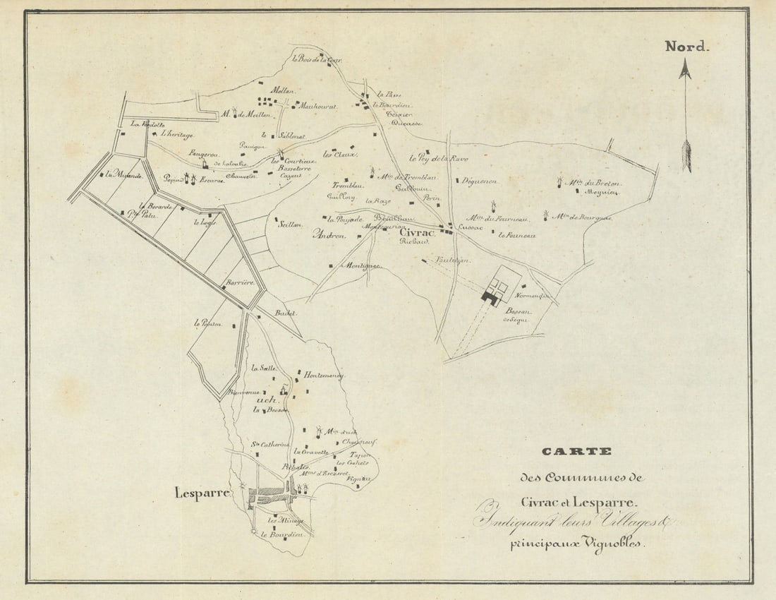 Civrac & Lesparre—Médoc—Bordeaux vignobles & wine chateaux map—Bournac 1839: Carte des Communes de Civrac et Lesparre, indiquant leurs villages et leurs principaux vignobles'. A mid-19th-century Bordeaux wine map belonging to the proto-classification period, preceding the form