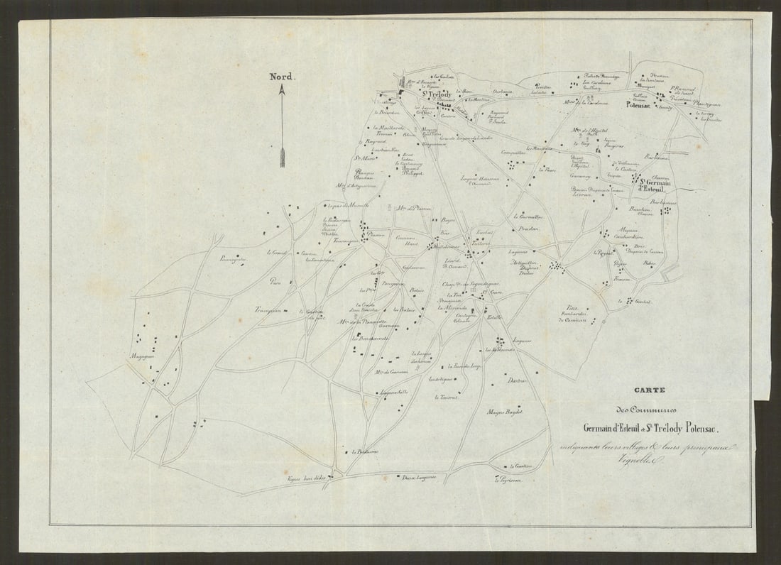 Germain d’Esteuil & St-Trelody—Médoc—Bordeaux vignobles & wine chateaux map: Carte des Communes de Germain d’Esteuil et St-Trelody, indiquant leurs villages et leurs principaux vignobles'. A mid-19th-century Bordeaux wine map belonging to the proto-classification