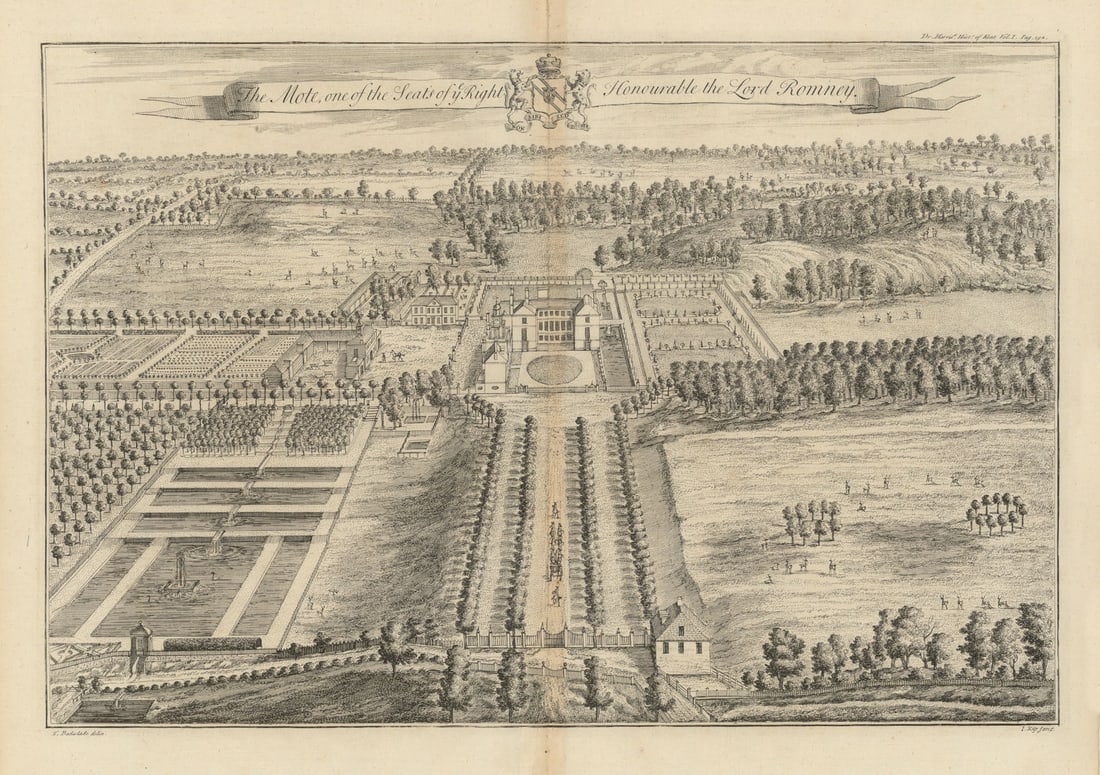 Mote House, Seat of Rt. Hon. The Lord Romney—Maidstone, Kent—Badeslade/Kip 1719: The Mote, one of the Seats of ye Right Honourable the Lord Romney'. Mote House (Mote Park), Maidstone, Kent (within Mote Park). Original house demolished and rebuilt between 1793 and 1801 for the