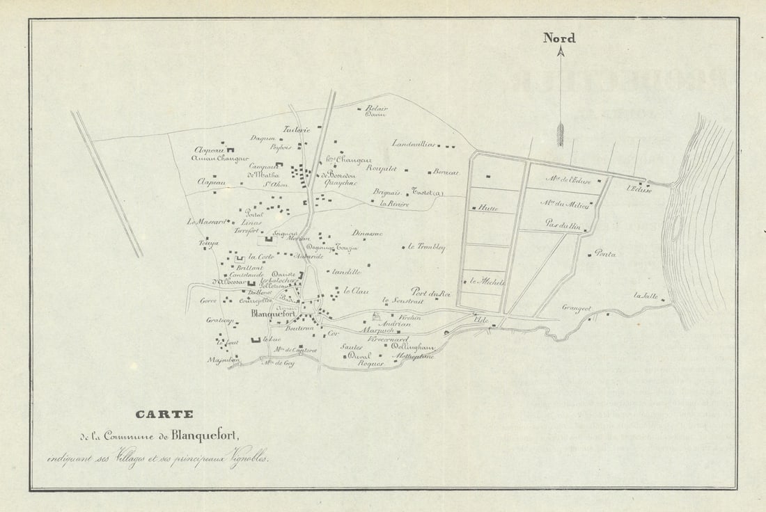 Blanquefort—Haut-Médoc—Bordeaux vignobles & wine chateaux map—Saint-Ahon 1839: Carte de la Commune de Blanquefort, indiquant les villages et les principaux vignobles'. A mid-19th-century Bordeaux wine map belonging to the proto-classification period, preceding the formal 1855