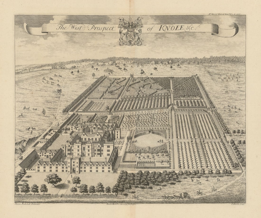 The West Prospect of Knole—Knowle Park, Sevenoaks, Kent—Badeslade & Harris 1719: The West Prospect of Knole &c.'. Knole Park, Sevenoaks, Kent (National Trust). Extant. National Trust historic house & park. Seat of Lord Sackville. Late C15 and Jacobean. Built by Thomas