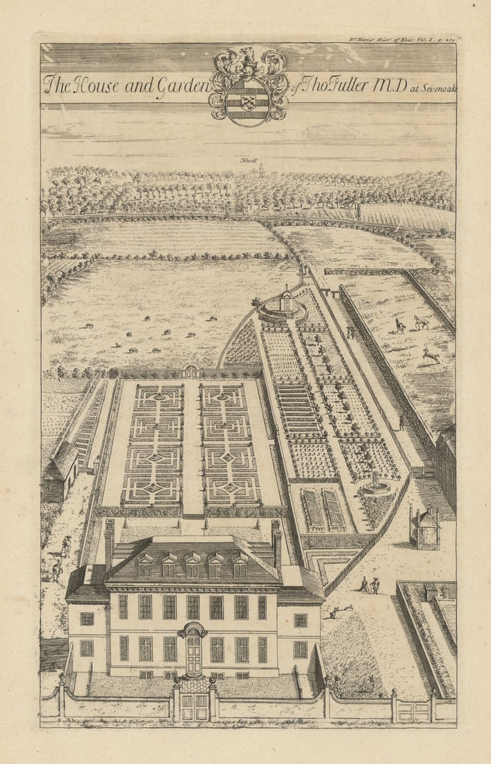 The Red House, 50 High Street, Sevenoaks—House of Thomas Fuller—Badeslade 1719: The House and Garden of Tho. Fuller M.D at Sevenoaks'. The Red House, 50 High St, Sevenoaks TN13 1JL. Grade II* listed building, dated 1686, with symmetrical 1: 7: 1 façade of two storeys with