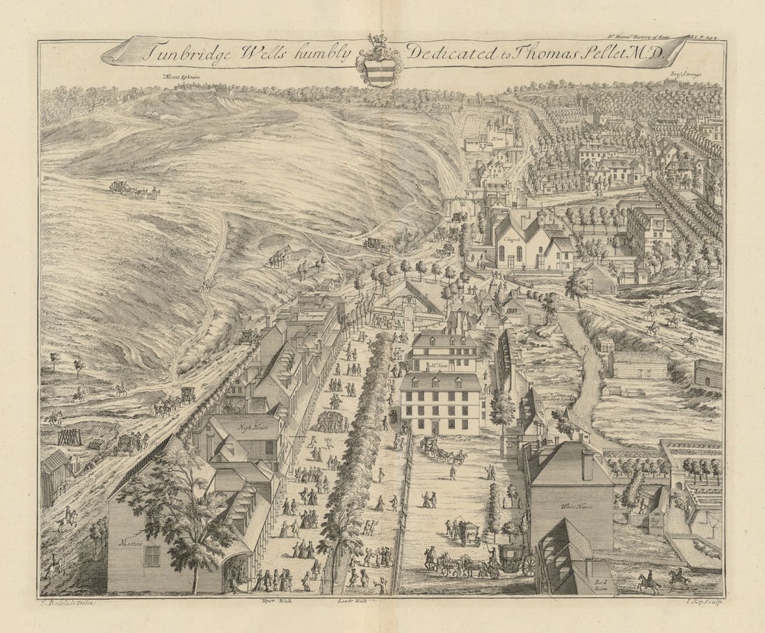 View of Tunbridge Wells humbly dedicated to Thomas Pellet—Badeslade & Kip 1719: Tunbridge Wells humbly Dedicated to Thomas Pellet M.D.'. A fine early-18th-century engraved bird’s-eye view of Tunbridge Wells, showing the spa town at a formative stage in its development as a