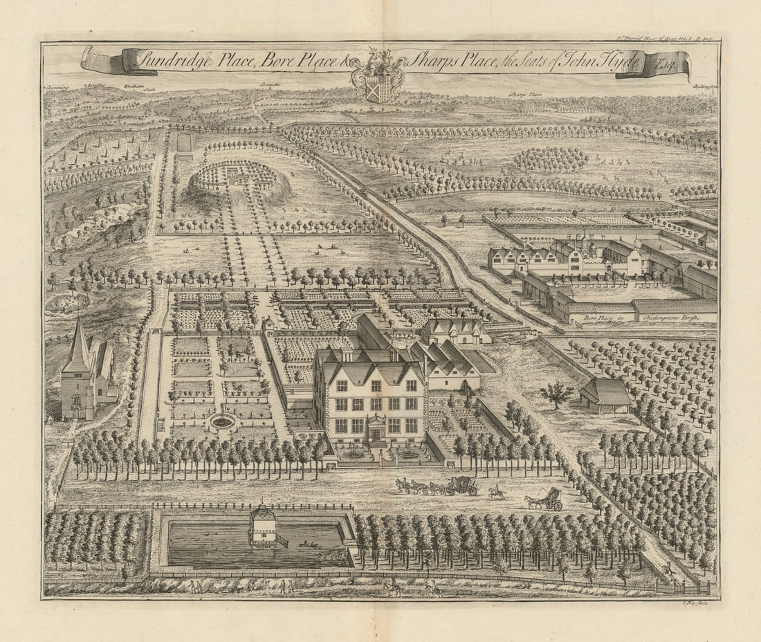 Sunbridge, Sharp's Place & Bore Place—Chiddingstone, Edenbridge, Kent—Kip 1719: Sunbridge Place, Bore Place & Sharp's Place, the Seats of John Hyde Esq.'. Bore Place, Bore Place Road, Chiddingstone, Edenbridge, Kent TN8 7AR. Extant. Operating as an organic farm / education /