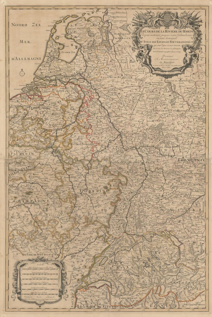 Le Cours de la Rivière du Rhein Depuis sa source… Rhine—Sanson/Jaillot c1690 map: Le Cours de la Rivière du Rhein Depuis sa source jusques à son embouchure Où sont distingués tous les Estats et Souverainetés Qui sont dessus et aux environs Tiré de