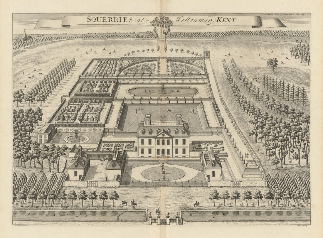 Squerries at Westram in Kent—Squerryes Court, Westerham—Badeslade & Harris 1719: Squerries at Westram in Kent'. Now Squerryes Court, Westerham, Kent TN16 1SJ. Extant. Part of the Squerryes Wine estate (tours/tastings/restaurant; estate functions). . Thomas Badeslade delin. John