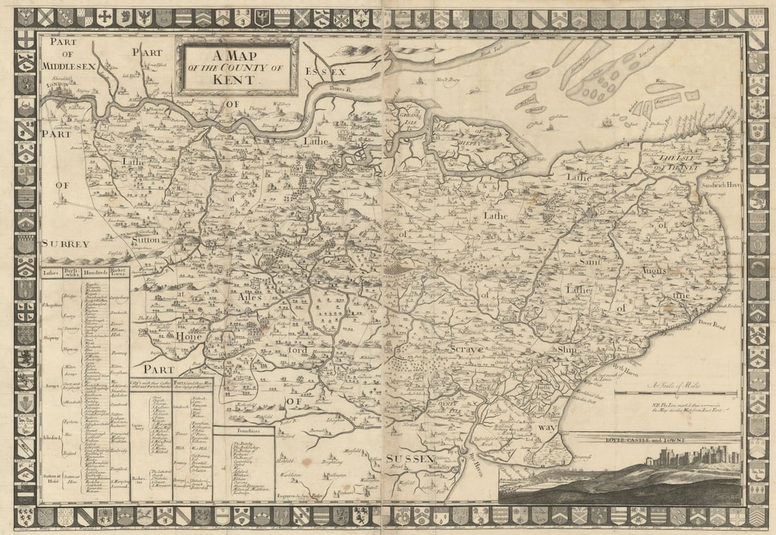 A Map of the County of Kent—Samuel Parker after Symonson—2 sheets—58x84cm 1719: A Map of the County of Kent—Dover Castle and Towne'. A large and decorative map of the County of Kent, originally published in 1719 in John Harris’s The History of Kent. Engraved by