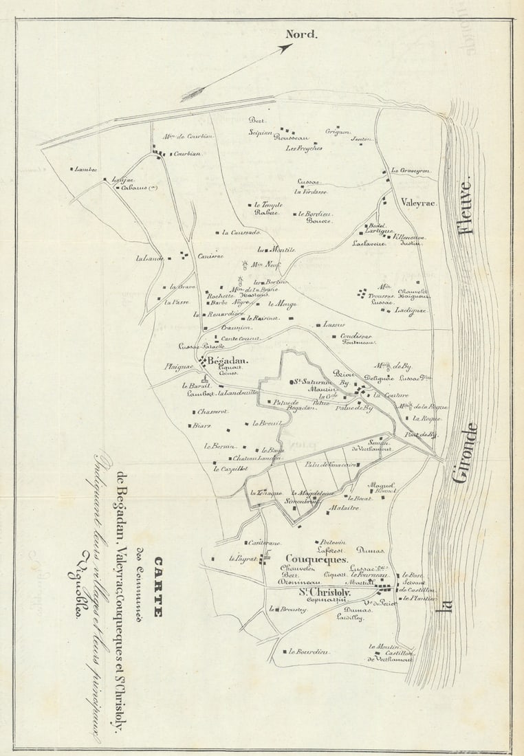 Bégadan—Valeyrac—Couquèques—St-Christoly—Médoc—Bordeaux: Carte des Communes de Bégadan, Valeyrac, Couquèques et St-Christoly, indiquant leurs villages et leurs principaux vignobles'. A mid-19th-century Bordeaux wine map belonging to the