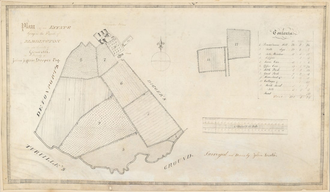 Manuscript Estate Plan—Bledington—Cotswolds—John Jefferies Hooper c1810 map: Plan of the Estate lying in the Parish of Bledington in the County of Gloucester, the Property of John Jefferis Hooper Esq.,'. A manuscript estate survey of land around the village of Bledington, Glou
