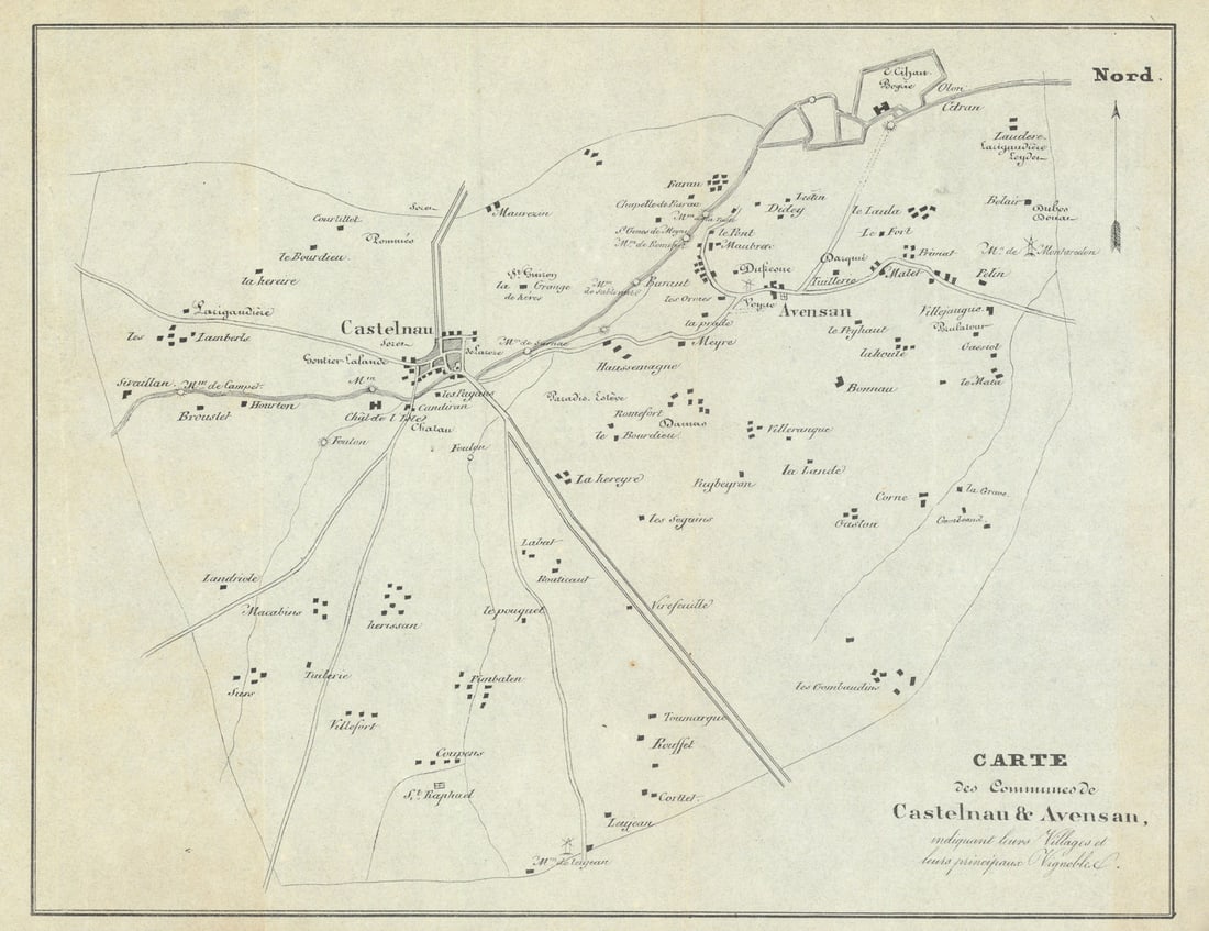 Castelnau & Avensan—Haut-Médoc—Bordeaux vignobles/wine chateaux map—Citran: Carte des Communes de Castelnau et Avensan, indiquant leurs villages et leurs principaux vignobles'. A mid-19th-century Bordeaux wine map belonging to the proto-classification period, preceding the