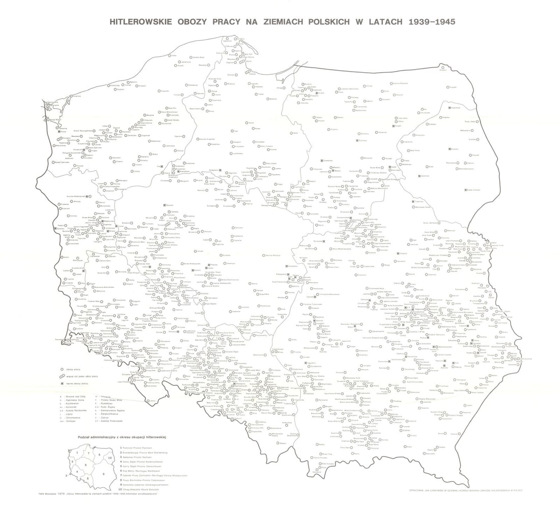 Nazi labour camps in Poland—World War Two—PWN—Nazi Crimes Commission 1979 map: Hitlerowskie obozy pracy na ziemiach polskich w latach 1939–1945 [Nazi labour camps on Polish lands in the years 1939–1945]. This detailed sheet, published in 1979 by the Polish