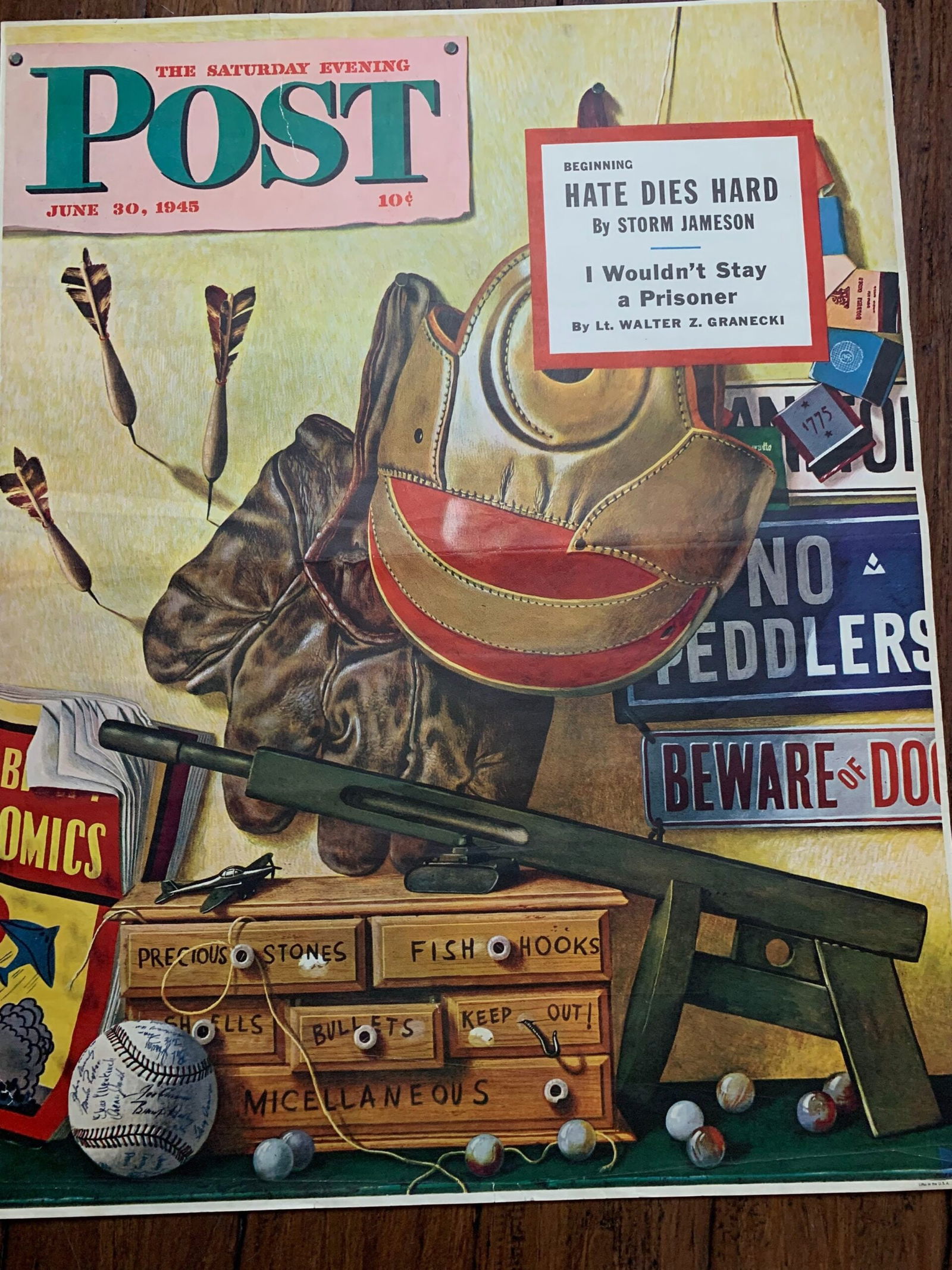 22x28 1945 Newstand Poster Saturday Evening Post - Art By John Atherton still Life Of Boys Toys: 22x28 1945 Newstand Poster Saturday Evening Post - Art By John Atherton still Life Of Boys Toys Please refer to the attached photos to determine the condition of this original vintage item. Note: LB