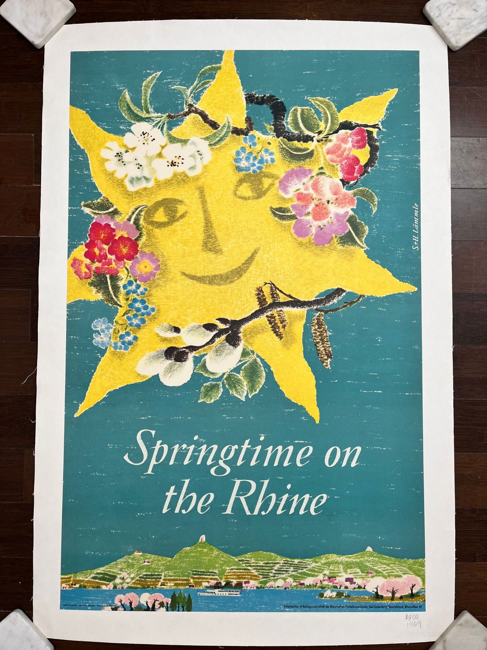 Springtime In The Rhine (1965) German Travel Poster LB: Springtime In The Rhine (1965) German Travel Poster LB Please refer to the attached photos to determine the condition of this original vintage item. Note: LB means Linen Backed. Ready for you to