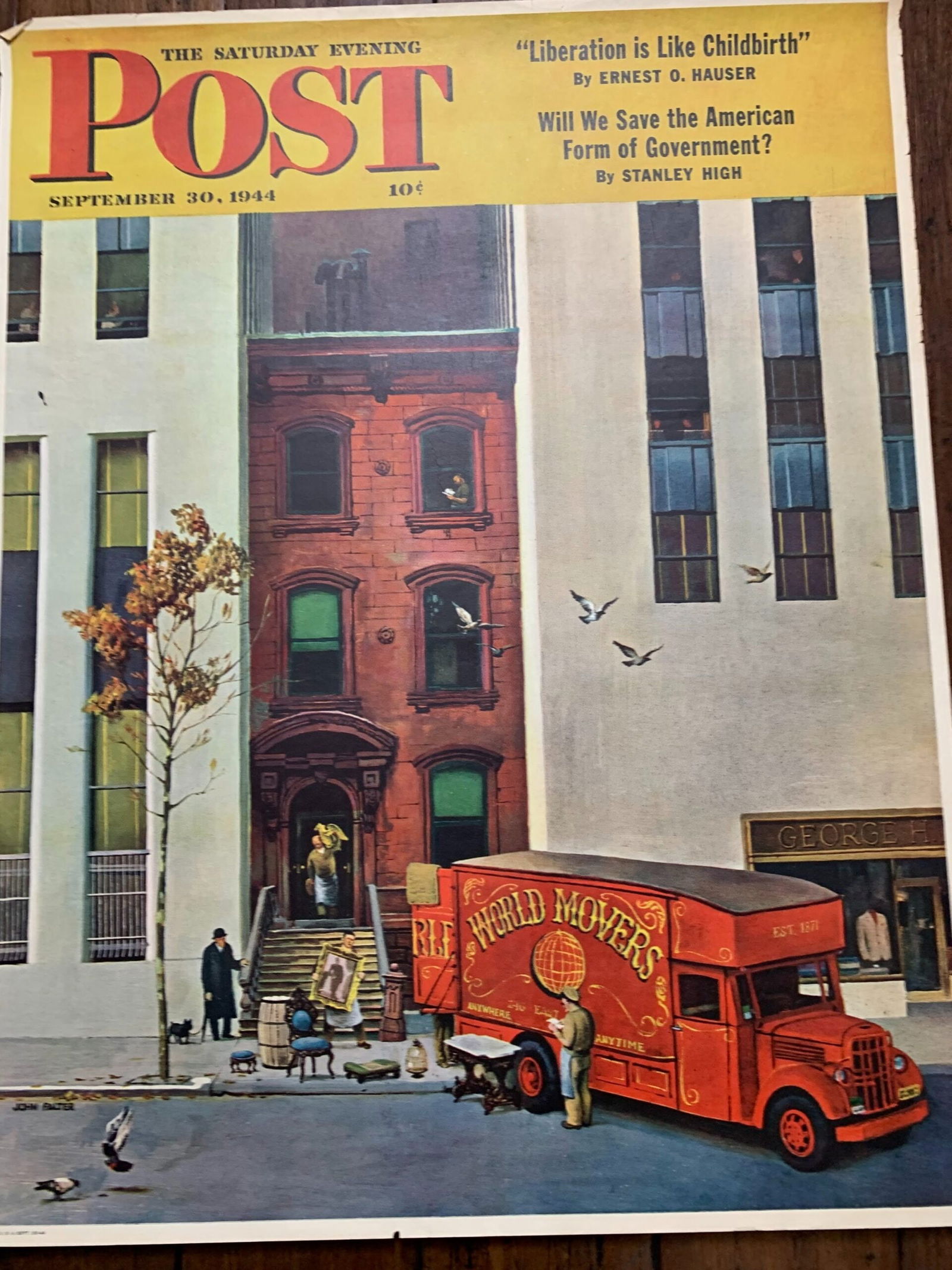 22x28 1944 Newstand Poster Saturday Evening Post - Art By John Falter moving Day: 22x28 1944 Newstand Poster Saturday Evening Post - Art By John Falter moving Day Please refer to the attached photos to determine the condition of this original vintage item. Note: LB means Linen Back