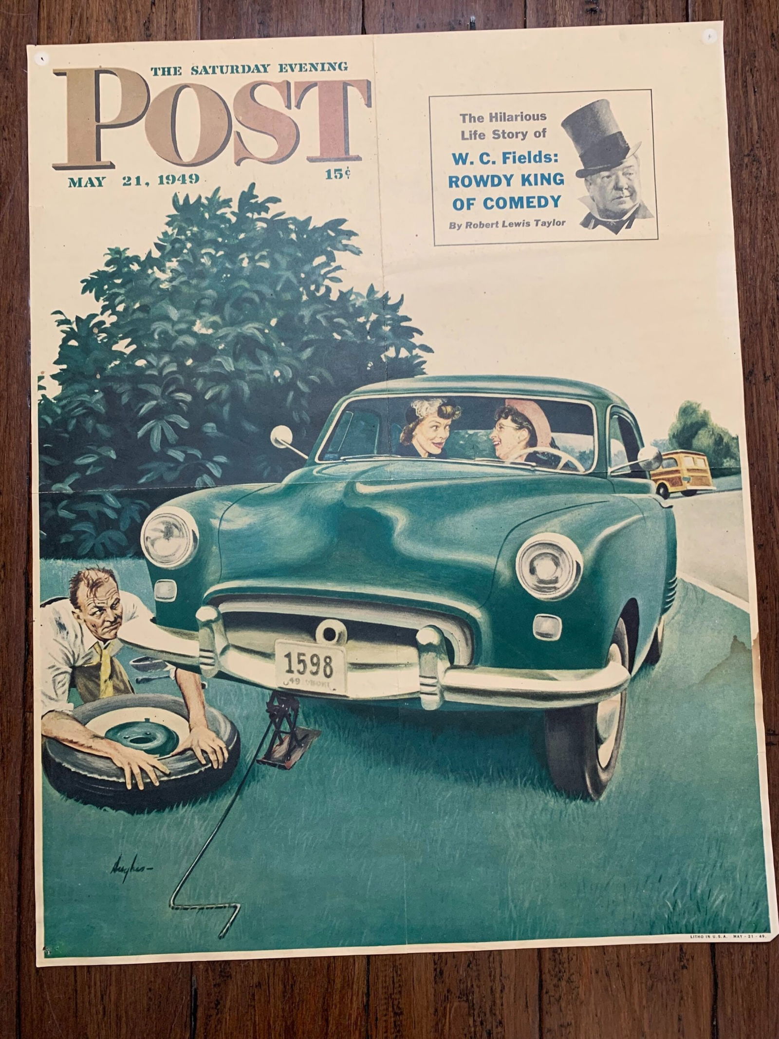 22x28 1949 Newstand Poster Saturday Evening Post - Art By George Hughes flat And Chat: 22x28 1949 Newstand Poster Saturday Evening Post - Art By George Hughes flat And Chat Please refer to the attached photos to determine the condition of this original vintage item. Note: LB means Linen