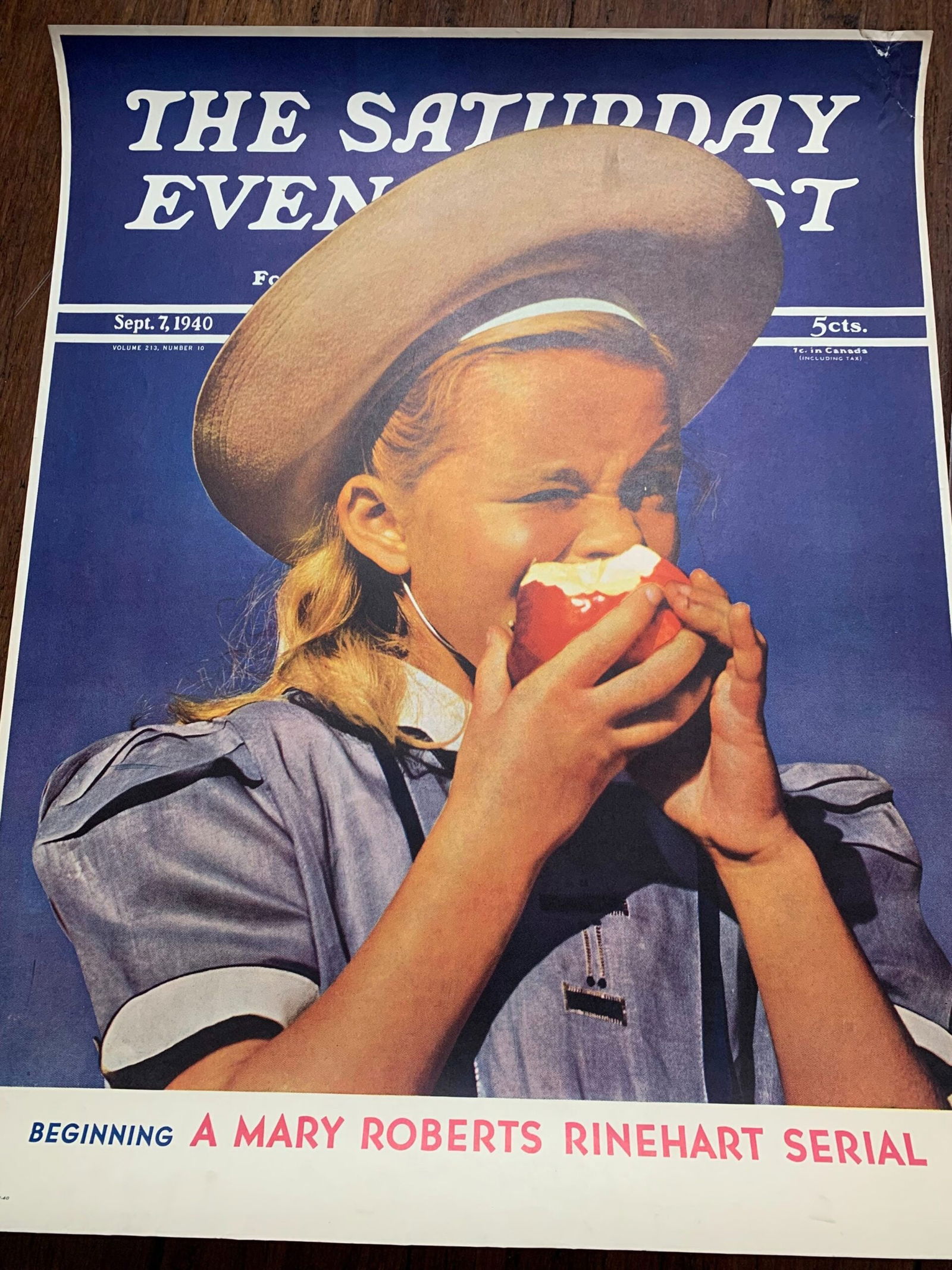 22x28 1940 Newstand Poster Saturday Evening Post - Art By Werner Stoy girl Eating An Apple