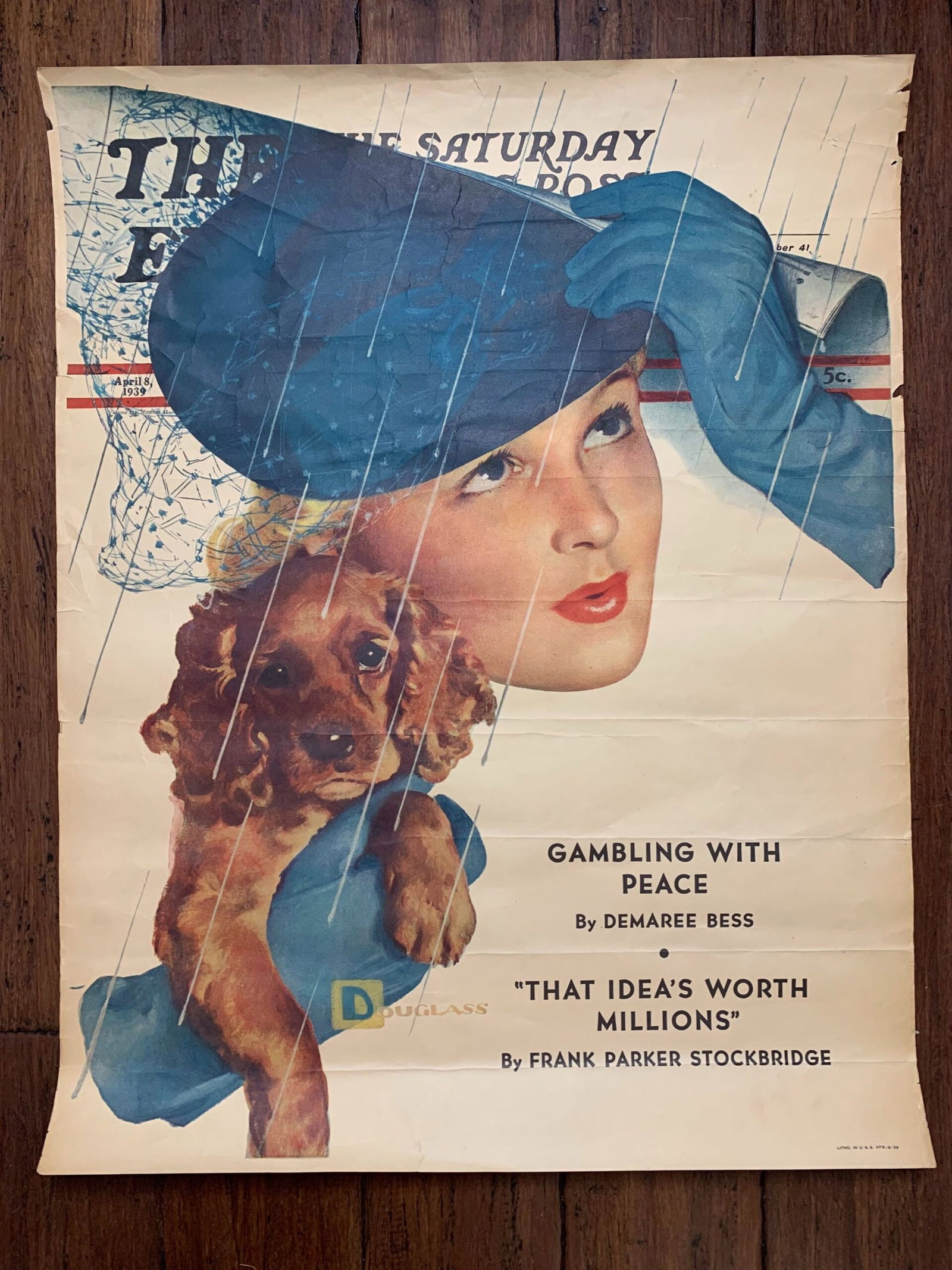 22x28 1939 Newstand Poster Saturday Evening Post - Art By Douglass Crockwell woman In Rain With: 22x28 1939 Newstand Poster Saturday Evening Post - Art By Douglass Crockwell woman In Rain With Cocker Please refer to the attached photos to determine the condition of this original vintage item. Not