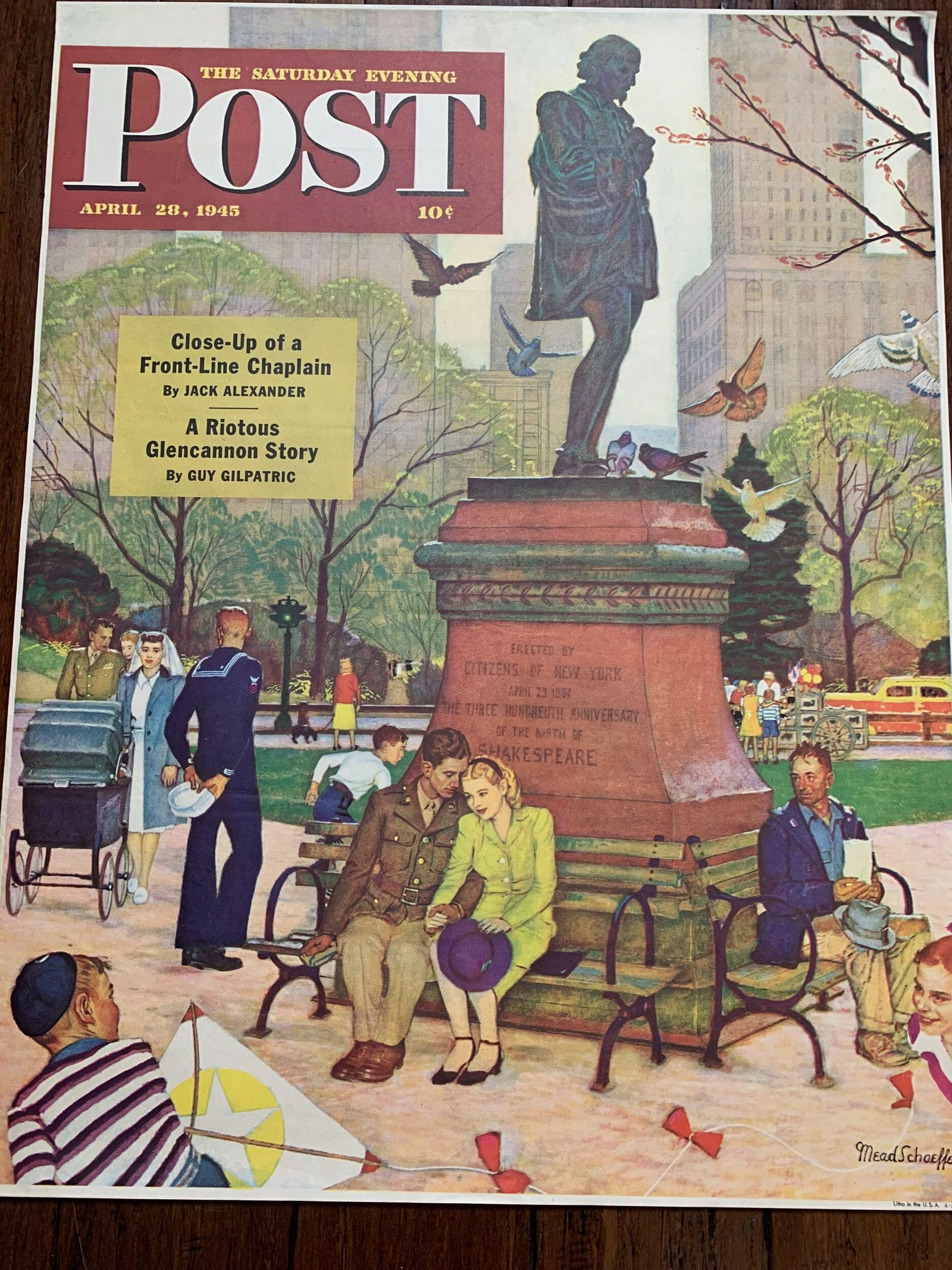 22x28 1945 Newstand Poster Saturday Evening Post - Art By Mead Schaeffer romance Under: 22x28 1945 Newstand Poster Saturday Evening Post - Art By Mead Schaeffer romance Under Shakespeare’s Statue Please refer to the attached photos to determine the condition of this original vintag