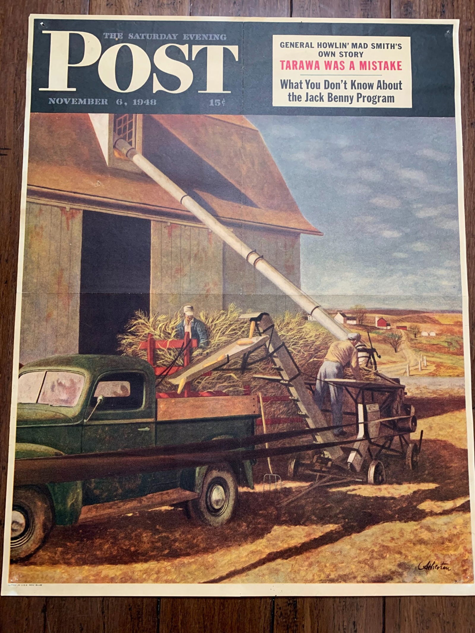 22x28 1948 Newstand Poster Saturday Evening Post - Art By John Atherton storing The Corn: 22x28 1948 Newstand Poster Saturday Evening Post - Art By John Atherton storing The Corn Please refer to the attached photos to determine the condition of this original vintage item. Note: LB means Li
