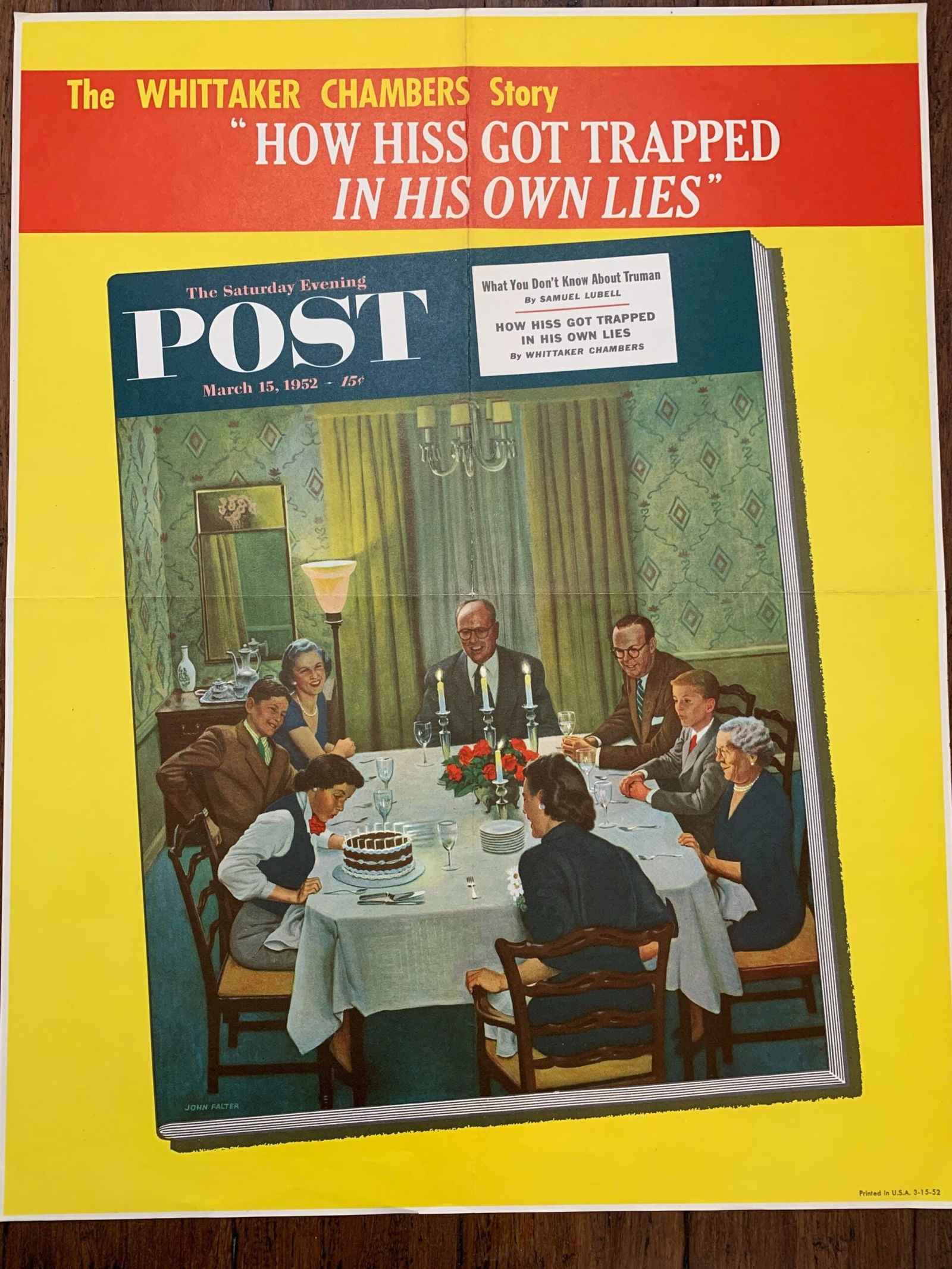 22x28 1952 Newstand Poster Saturday Evening Post - Art By John Falter family Birthday Party: 22x28 1952 Newstand Poster Saturday Evening Post - Art By John Falter family Birthday Party Please refer to the attached photos to determine the condition of this original vintage item. Note: LB