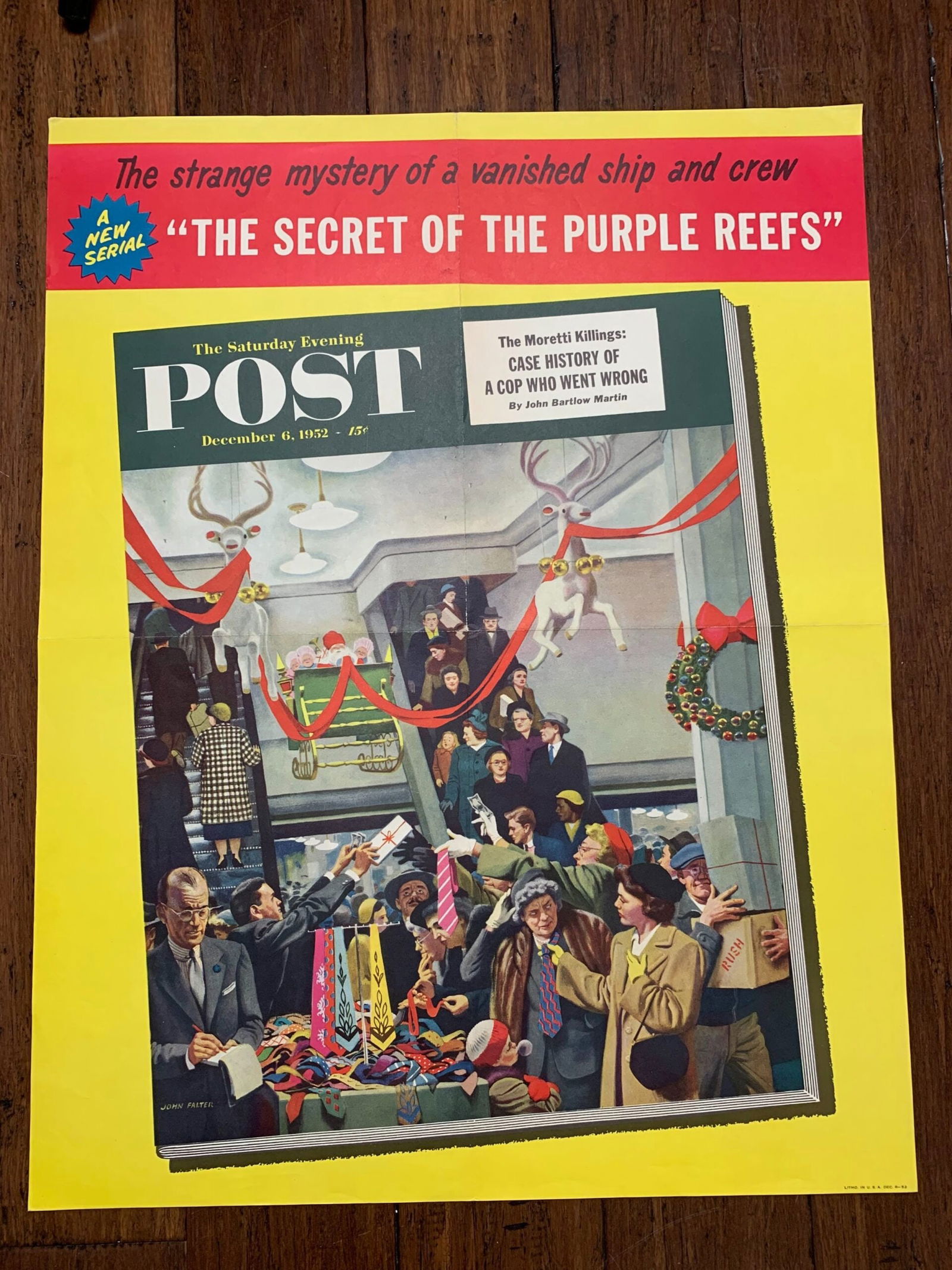 22x28 1952 Newstand Poster Saturday Evening Post - Art By John Falter department Store At Christmas: 22x28 1952 Newstand Poster Saturday Evening Post - Art By John Falter department Store At Christmas Please refer to the attached photos to determine the condition of this original vintage item. Note:
