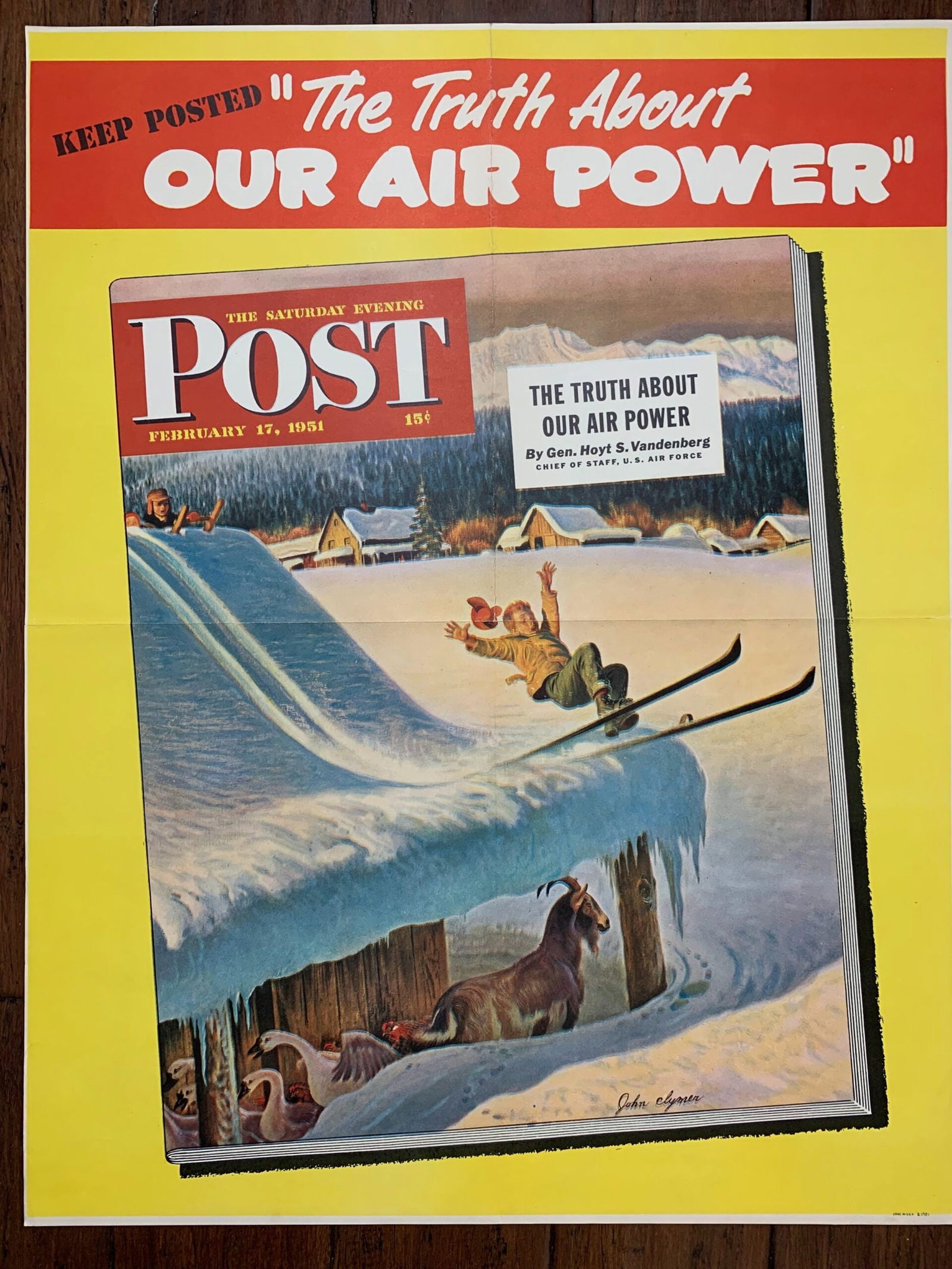 22x28 1951 Newstand Poster Saturday Evening Post - Art By John Clymer barn Skiing