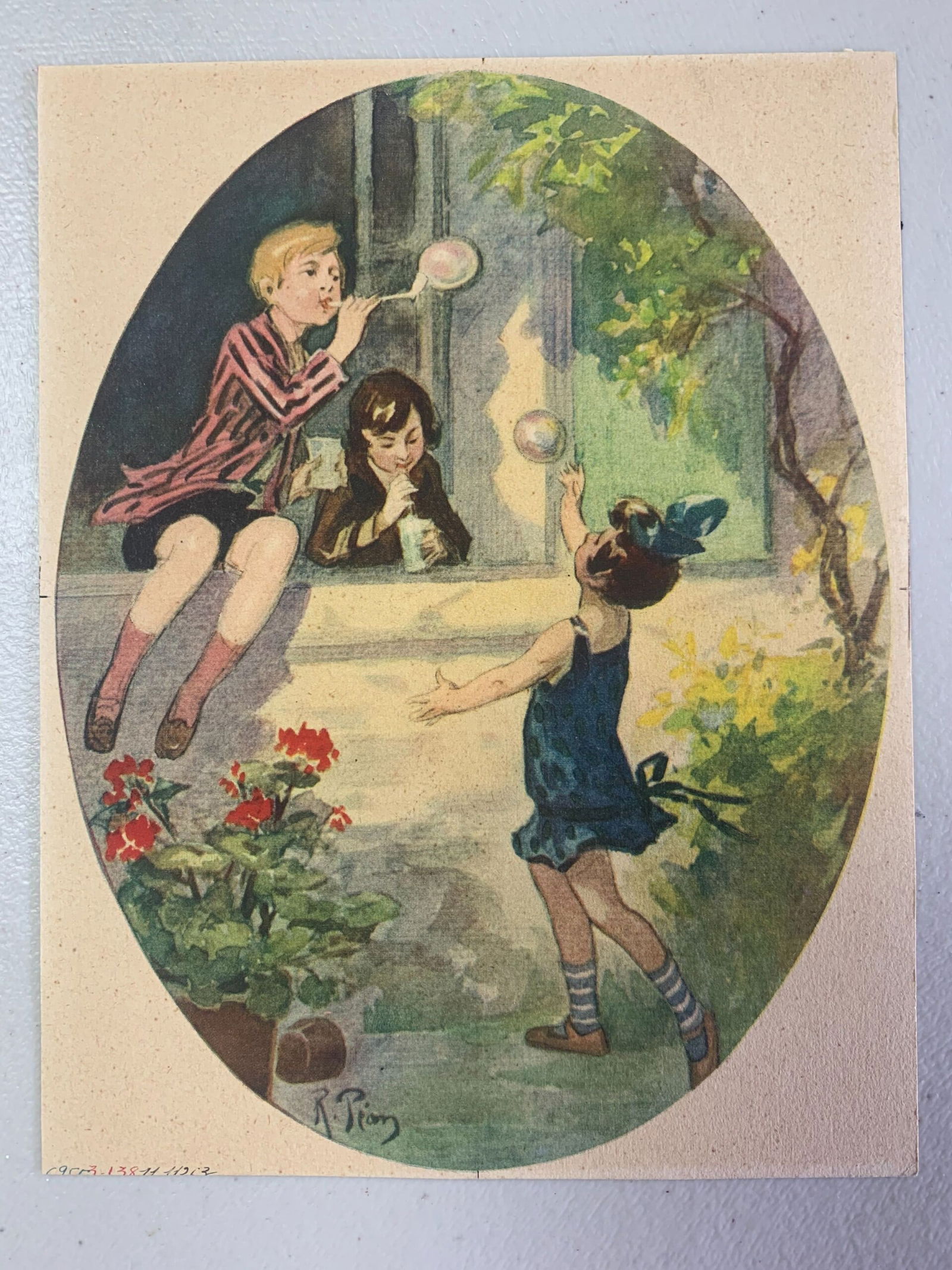 Children Bubbles - Art by R. Pean (1922) 6x7.75 French Original Signed Guache: Children Bubbles - Art by R. Pean (1922) 6x7.75 French Original Signed Guache Please refer to the attached photos to determine the condition of this original vintage item. Note: LB means Linen