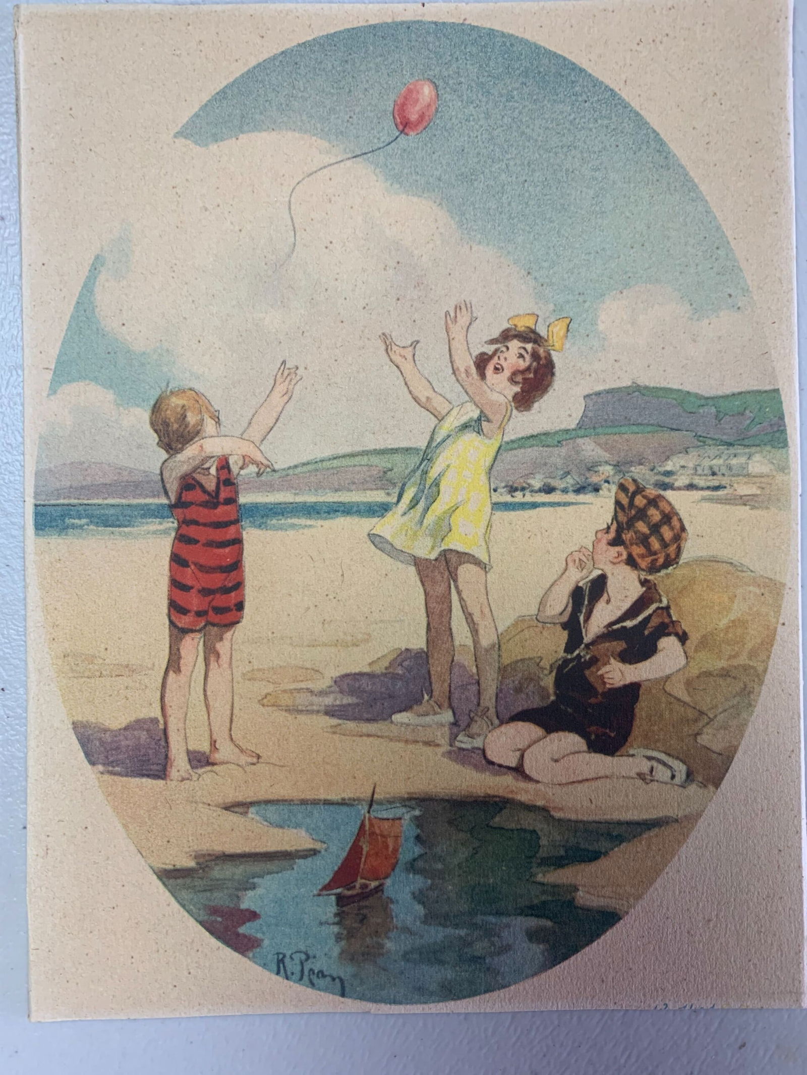 Children Balloon - Art by R. Pean (1922) 6x7.75 French Original Signed Guache: Children Balloon - Art by R. Pean (1922) 6x7.75 French Original Signed Guache Please refer to the attached photos to determine the condition of this original vintage item. Note: LB means Linen