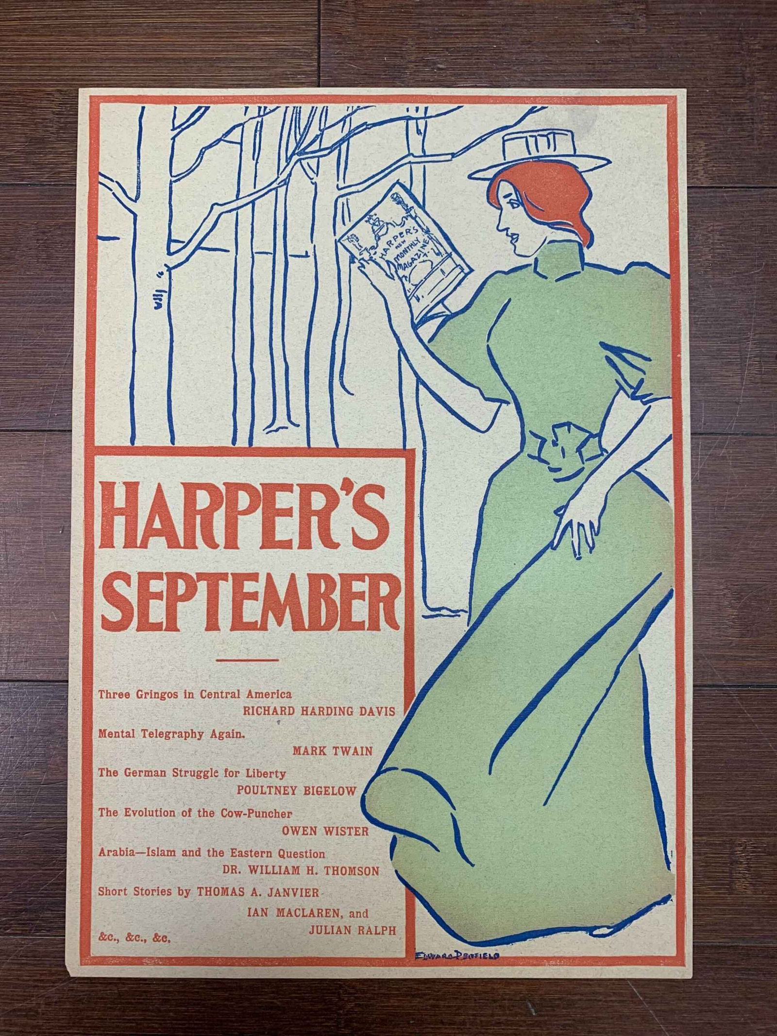 Harper's September - Art by Penfield (1898) 8 x 9.375 US Advertising Poster: Harper's September - Art by Penfield (1898) 8 x 9.375 US Advertising Poster Please refer to the attached photos to determine the condition of this original vintage item. Note: LB means Linen Backed.