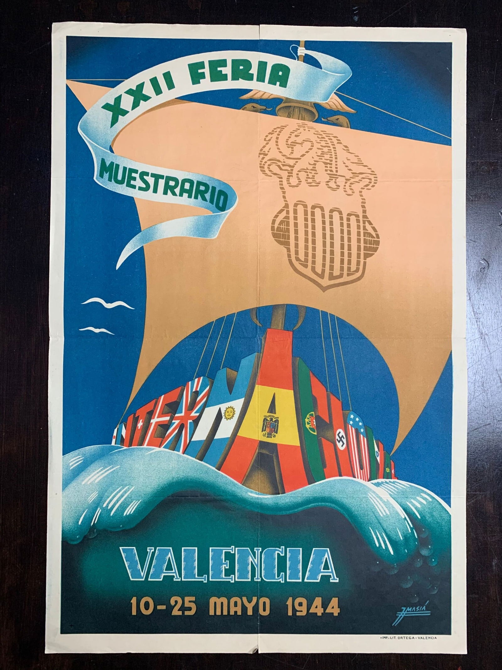 Valencia XXII Feria - Calandin (1944) 17 x 25 Spanish Trade Fair Poster: Valencia XXII Feria - Calandin (1944) 17 x 25 Spanish Trade Fair Poster Please refer to the attached photos to determine the condition of this original vintage item. Note: LB means Linen Backed.