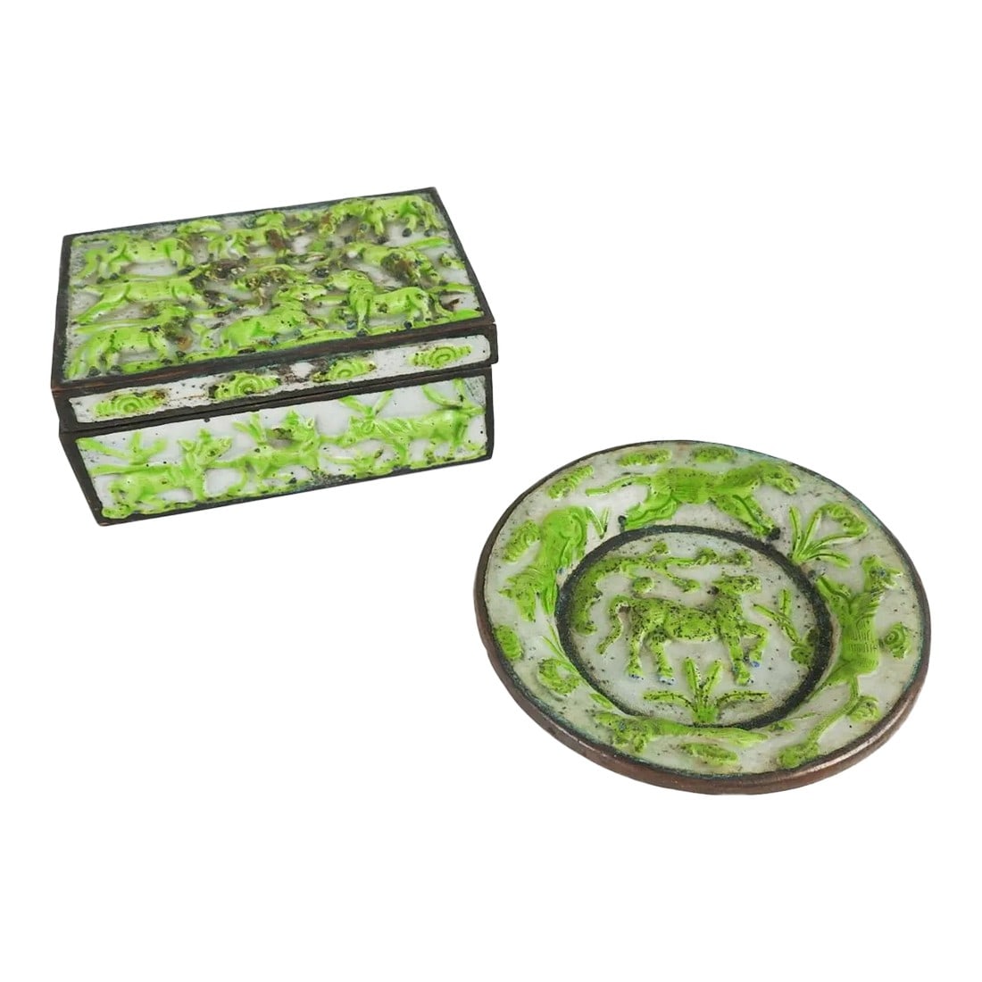 Vintage Lime Green Chinese Repousse Horses Enamel Box and Dish: Vintage early 20th century lime green and white Chinese repousse and enamel small box and ring tray. Both marked China, enamel over copper and brass with horse motif, surface wear, patina. Tray is