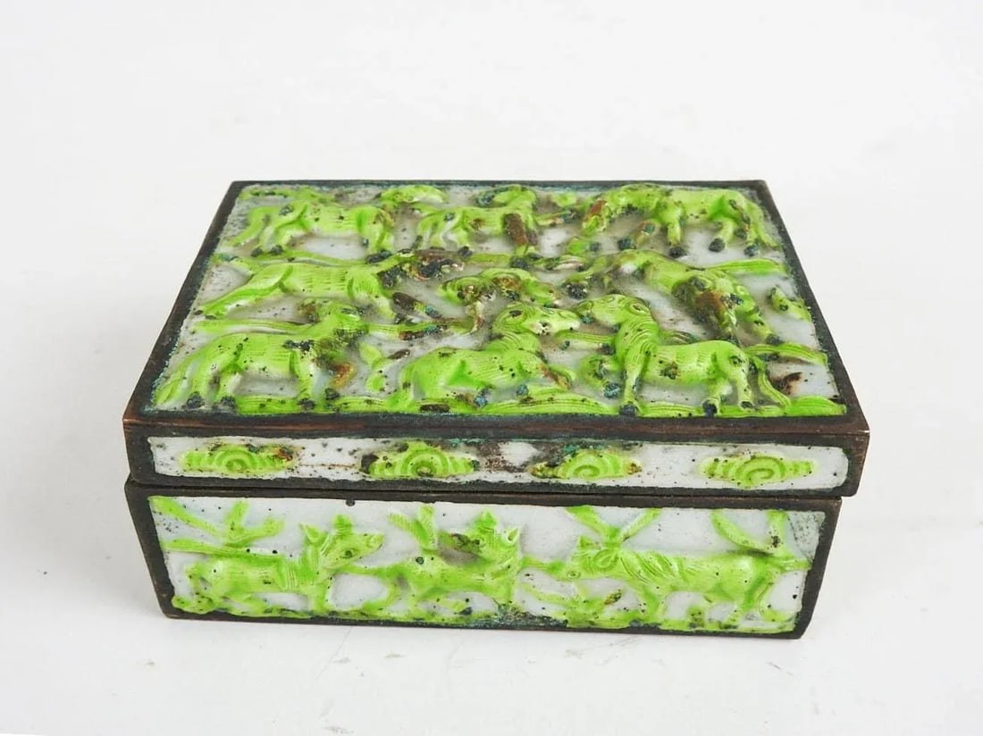 Vintage Lime Green Chinese Repousse Horses Enamel Box and Dish - 2
