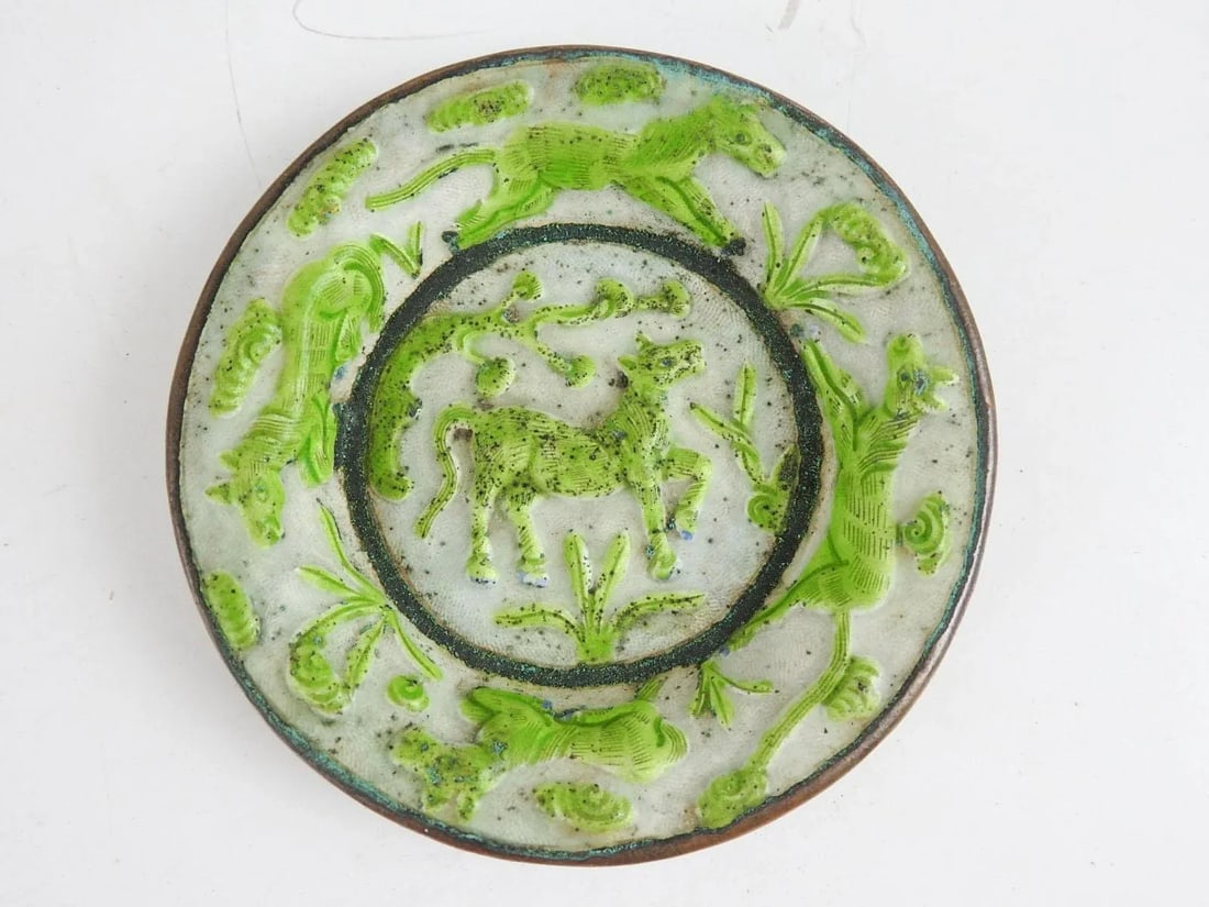 Vintage Lime Green Chinese Repousse Horses Enamel Box and Dish - 3