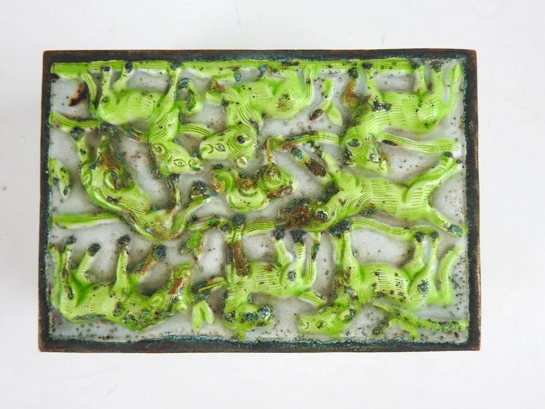 Vintage Lime Green Chinese Repousse Horses Enamel Box and Dish - 4
