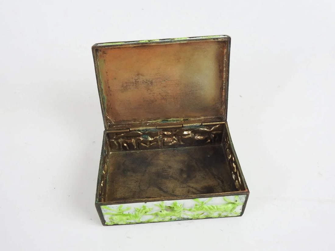 Vintage Lime Green Chinese Repousse Horses Enamel Box and Dish - 5