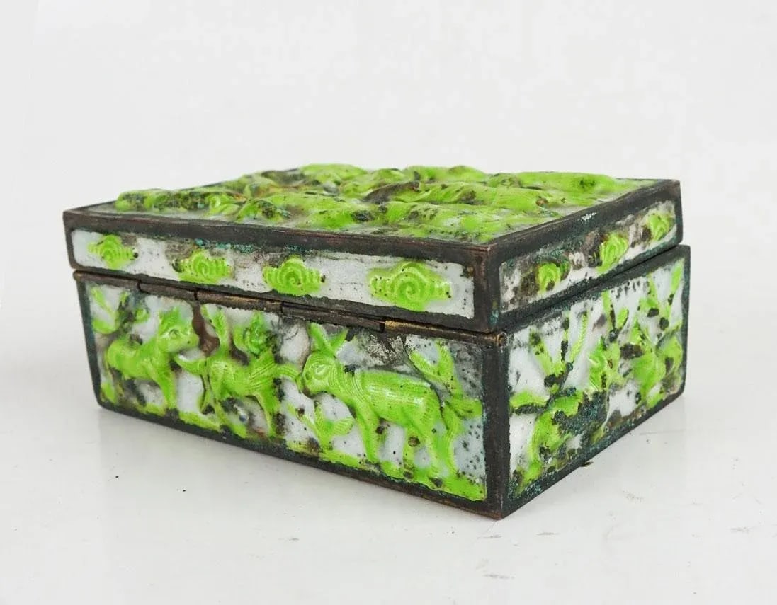 Vintage Lime Green Chinese Repousse Horses Enamel Box and Dish - 6