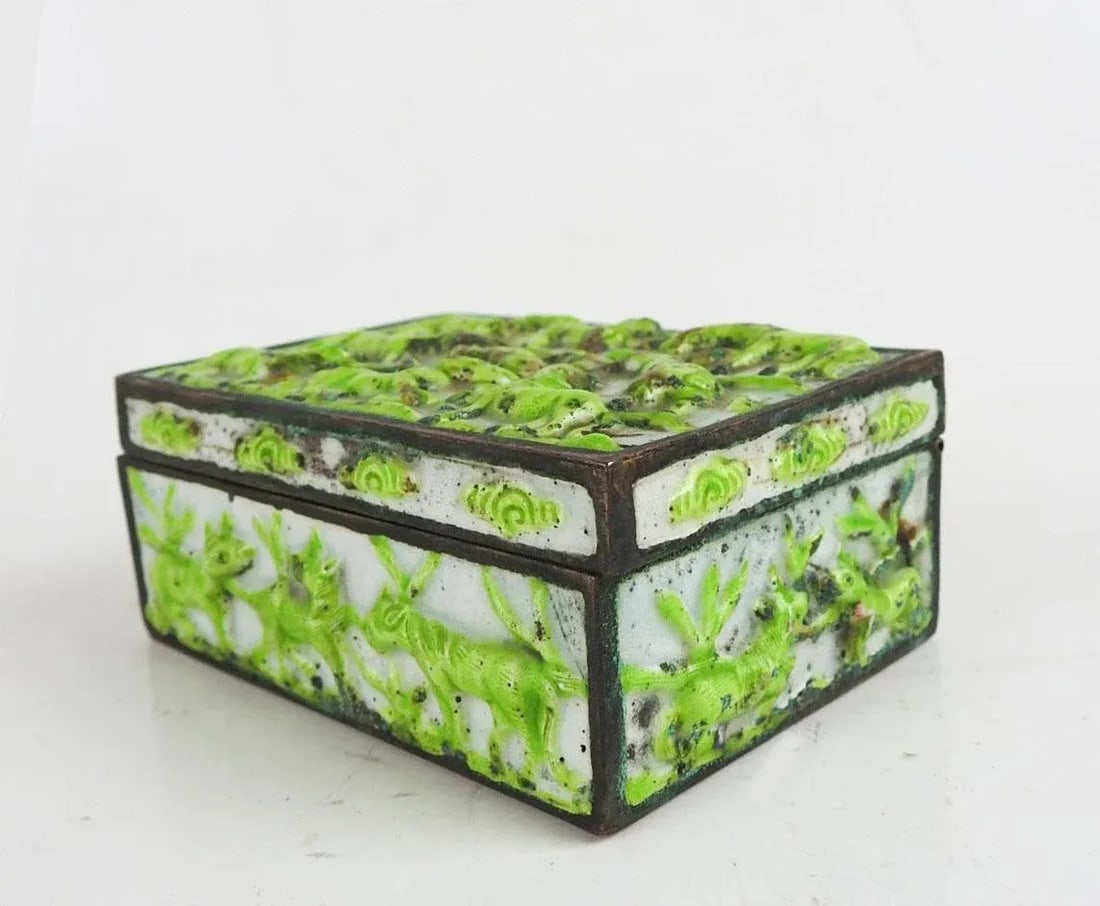 Vintage Lime Green Chinese Repousse Horses Enamel Box and Dish - 7