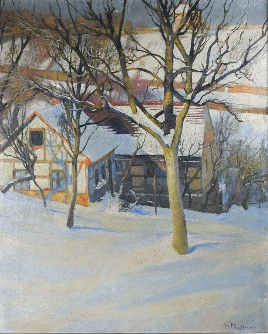 Antique 1902 Continental School Winter Snow Scene Painting - 3