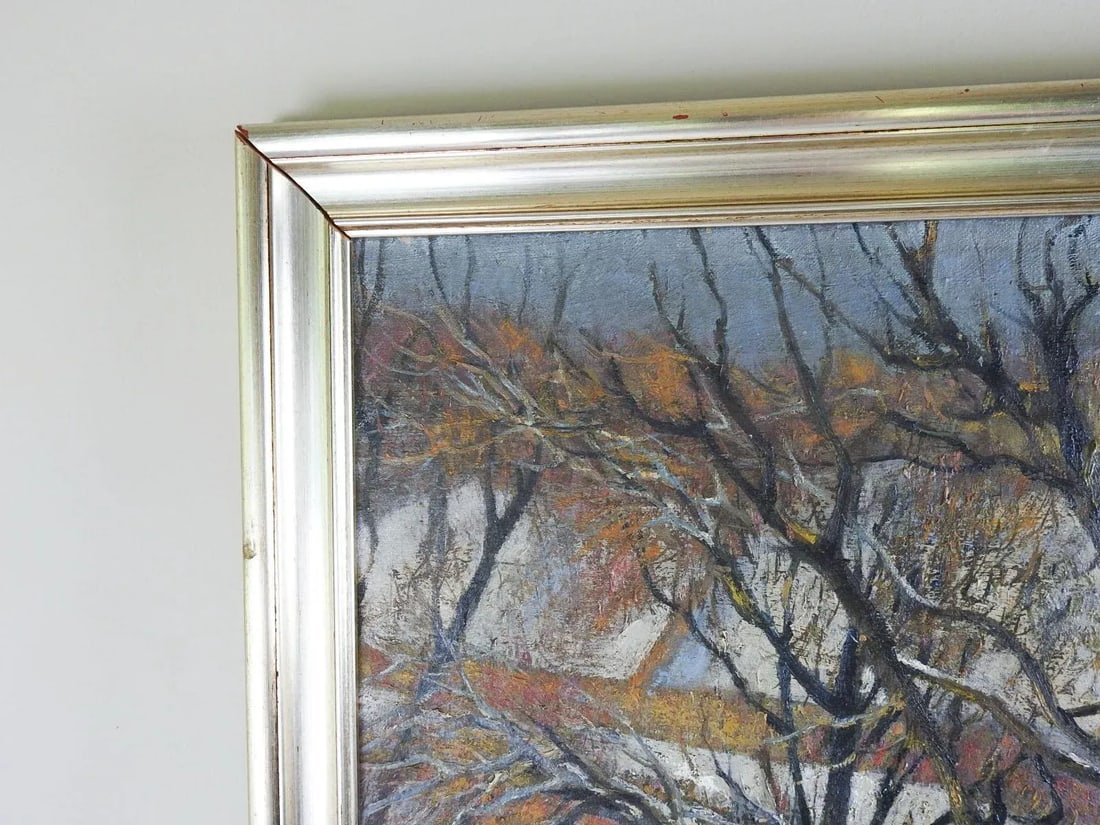 Antique 1902 Continental School Winter Snow Scene Painting - 6