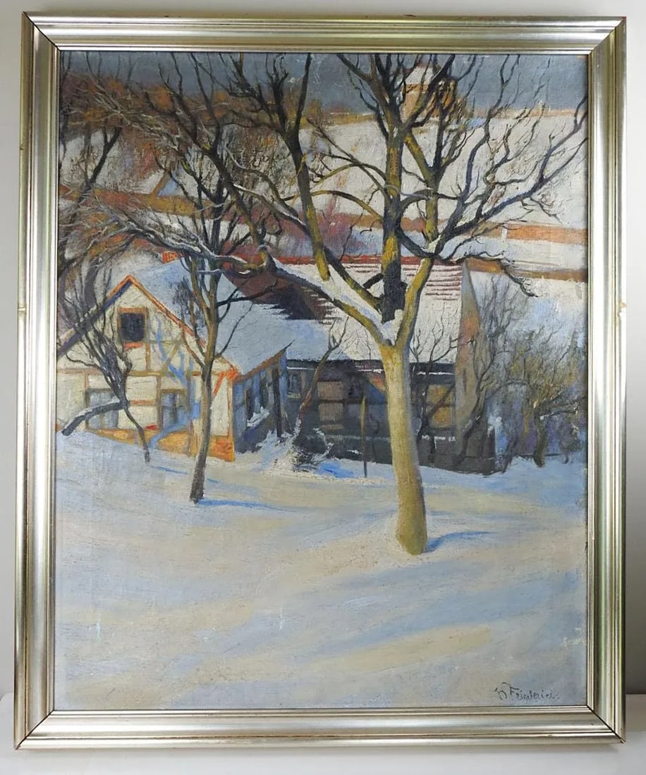 Antique 1902 Continental School Winter Snow Scene Painting - 8