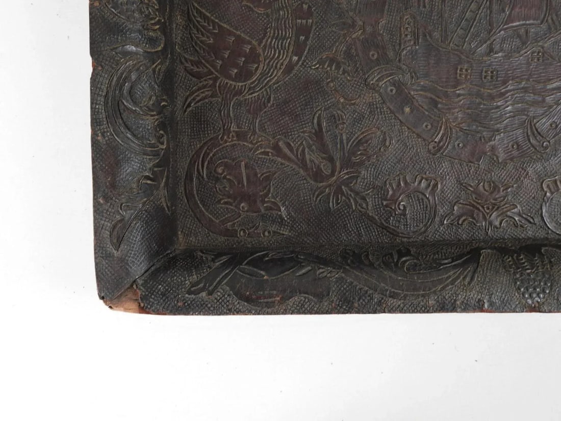 Antique 19th Century Hand Tooled Leather and Wood Tray - 10