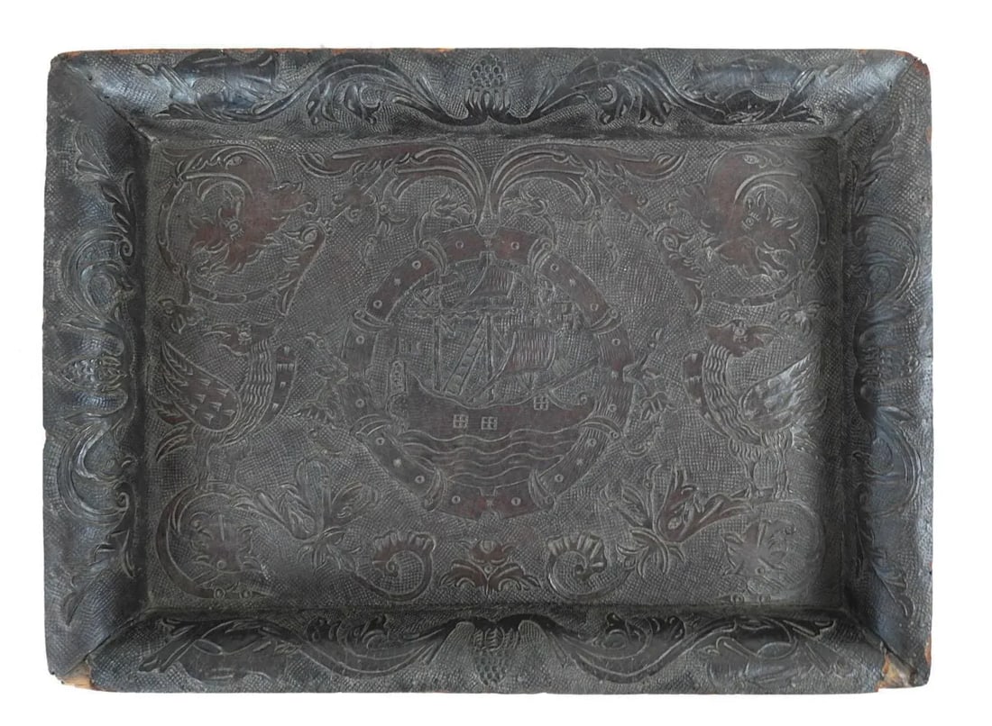 Antique 19th Century Hand Tooled Leather and Wood Tray - 13