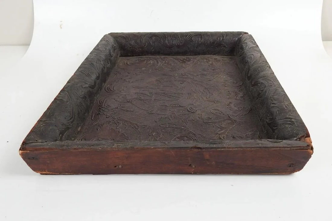 Antique 19th Century Hand Tooled Leather and Wood Tray - 3