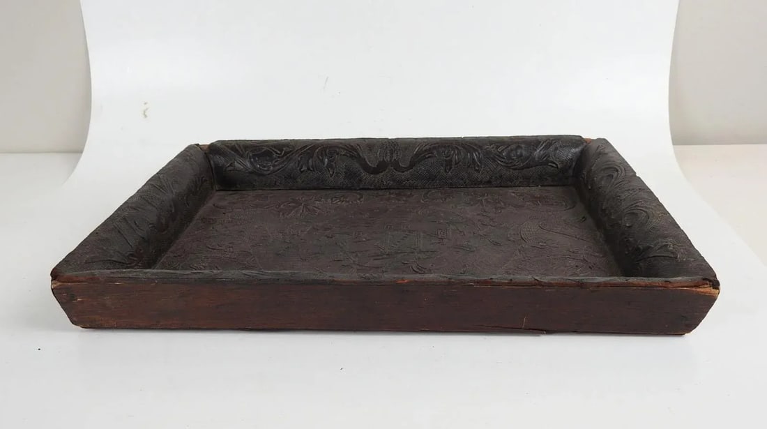 Antique 19th Century Hand Tooled Leather and Wood Tray - 6