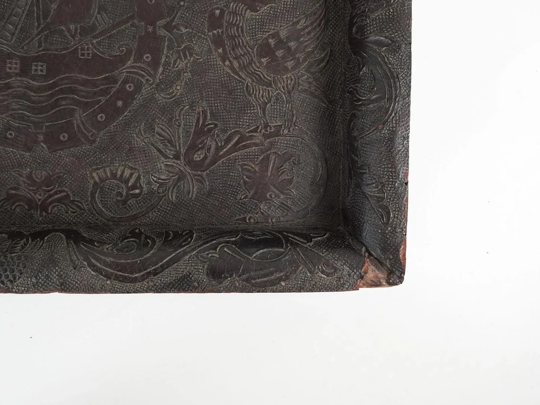 Antique 19th Century Hand Tooled Leather and Wood Tray - 7