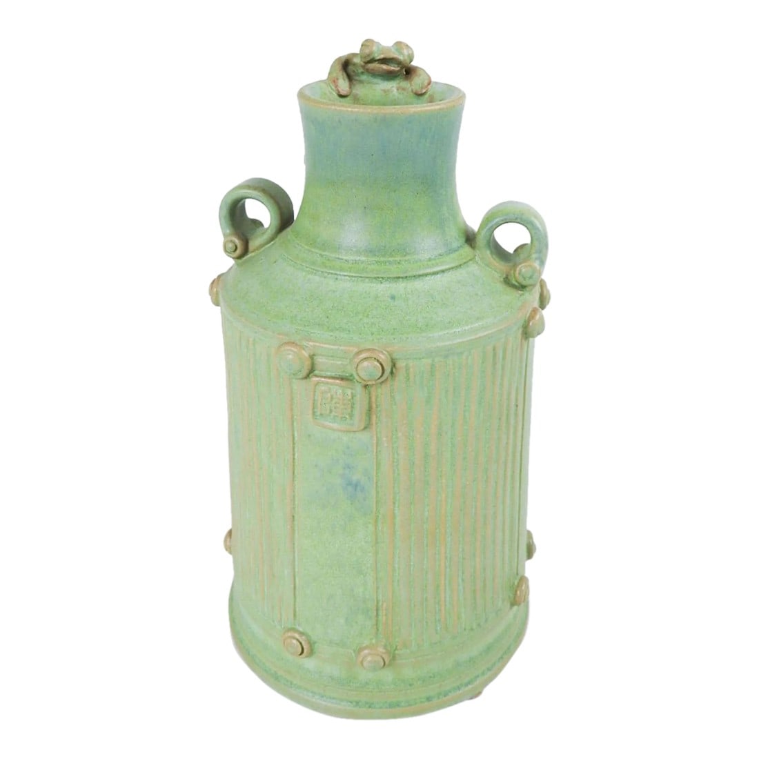 V Chin Celedon Porcelain Studio Pottery Bottle Vase Vorakit Chinookoswong: 2018 porcelain pottery bottle vase by Texas artist Vorakit Chinookoswong. Highly regarded ceramic artist, whose pieces are highly sought after by collectors. Subdued matte celedon glaze with his